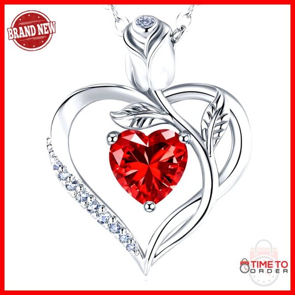 Heart Pendant Necklace Sterling Silver Lab-Grown Ruby Birthstone Gift Engraved